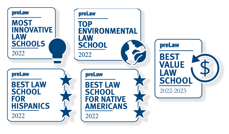 graphic depicting 5 badges awarded to the school from preLaw magazine