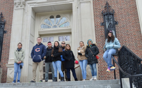 UNM Marshall-Brennan Fellows and high school competitors stroll through the Harvard Campus while taking a break from the national competition in Boston, MA., 2017.