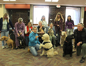 The Student Animal Legal Defense Fund coordinated therapy dog volunteers and their four-legged buddies to help relieve stress and bring smiles.