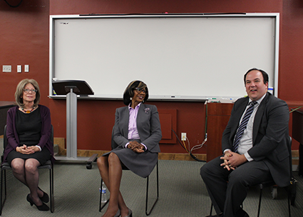 After the luncheon, ABA Young Lawyer’s Division Chair Spencer Edelman moderated a fireside chat with Brown and Ramos in a classroom.