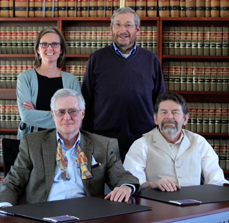 New Mexico Court of Appeals Judges Jonathan Sutin and Michael Bustamante (seated) teach Appellate Decision Making, assisted by Professor Michael Browde and Court of Appeals Law Clerk Nicole Banks.