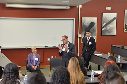 Civil attorney Brian Colón (speaking) and Judge Angela Jewell (left) shared advice to the students.