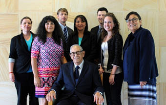 Retired District Court Judge and trial lawyer Matias Zamora (seated) and Court of Appeals Judge M. Monica Zamora (second from left), shared tips on practicing law with students in the Southwest Indian Law Clinic and their supervisor, Visiting Professor Cheryl Fairbanks (right).