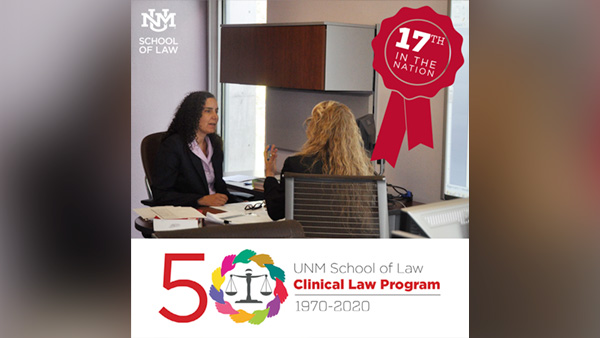 graphic depicting 2 women in an office and the text indicating the 50th anniversary of the clinic law program